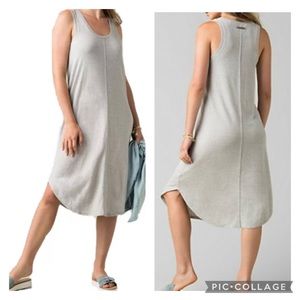 PRANA Women’s CORRINE Dress Gray White Micro-Stripe Sleeveless Hemp Blend